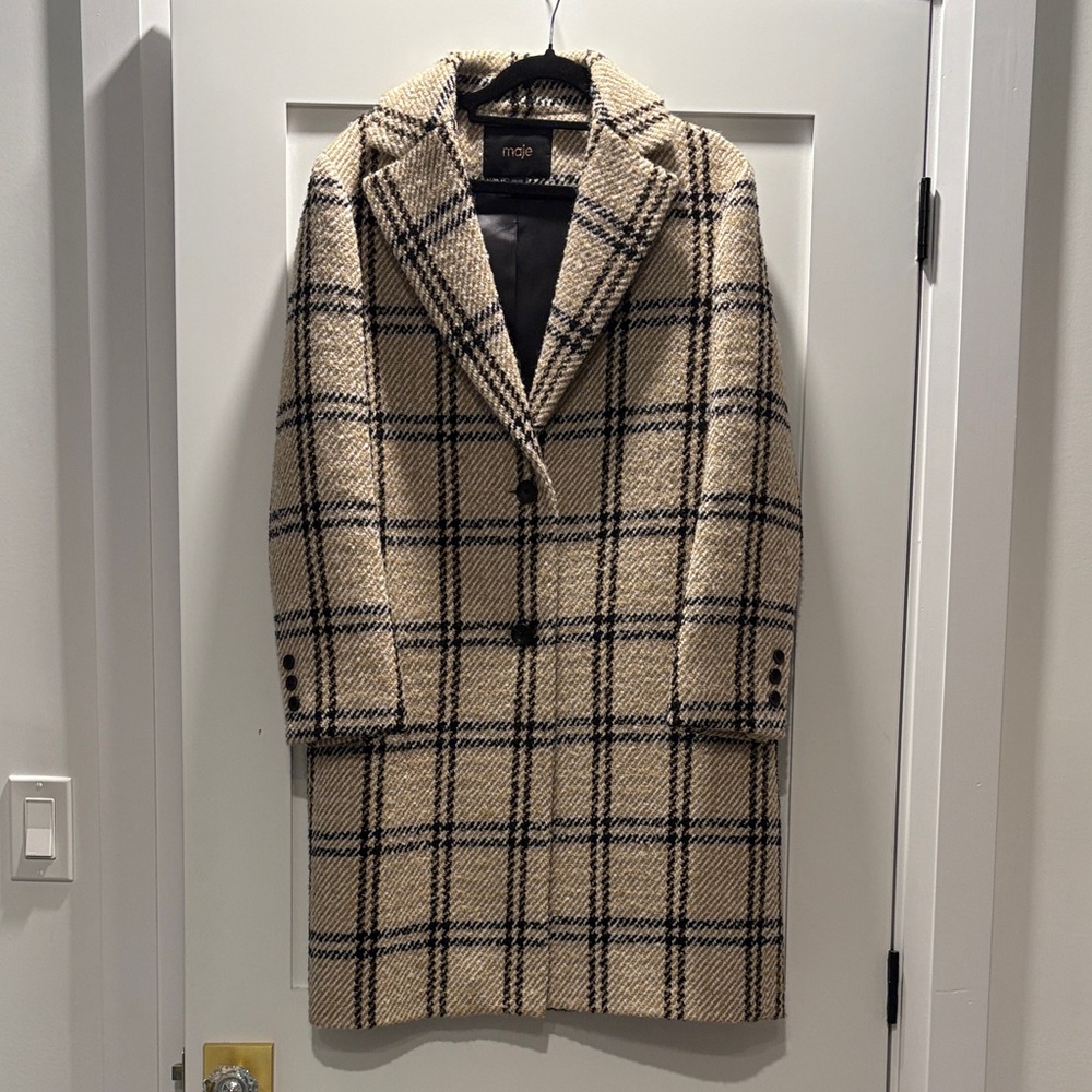 Maje Beige and Black Checkered wool blend Coat